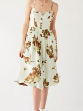Urban Outfitters CooperFloral Spaghetti-Strap Midi Dress in Light Mint and Brown